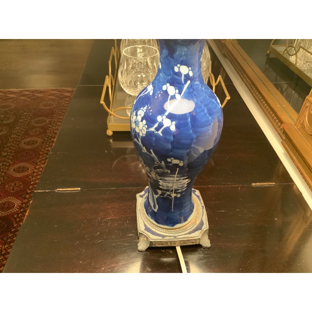 Vintage Blue and White Cherry Blossom Porcelain Vase Lamp on Metal Base For Sale In Chicago - Image 6 of 13