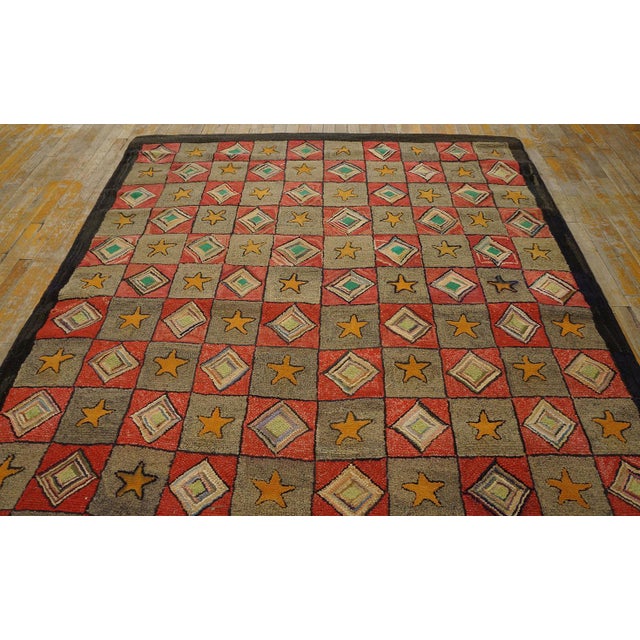 Antique American Hooked rug, size: 6'8" x 7'5". Ivory Beige Cream White Hooked Antique Wool Allover Geometric American...