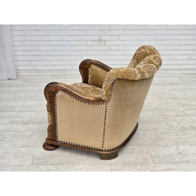 Danish Relax Armchair in Furniture Velour and Carved Oak Wood, 1950s For Sale - Image 15 of 18