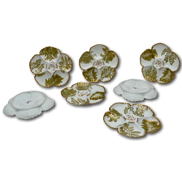 Beautiful & Fine Quality 22k Gold & Ferns Decorated Antique French Limoges Porcelain Oyster Plates Set of 7 For Sale - Image 15 of 18