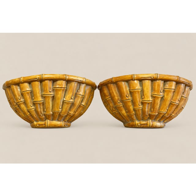 Wood Large Vintage Palm Beach Coastal Chinoiserie Faux Bamboo Wall Shelves Brackets Sconces- A Pair For Sale - Image 7 of 7