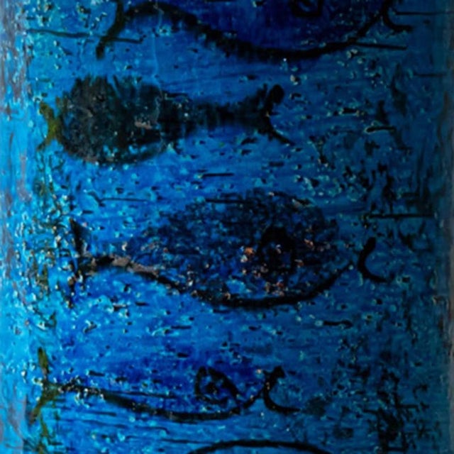 Aqua Ceramic Table Lamp from Bitossi with Blue Silk Lampshade attributed to R. Houben, 1970s For Sale - Image 3 of 9