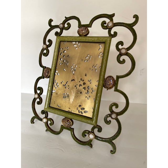Jay Strongwater ornate enamelled brass scroll picture frame set with glass gemstones. Beautiful on both sides, the brass...