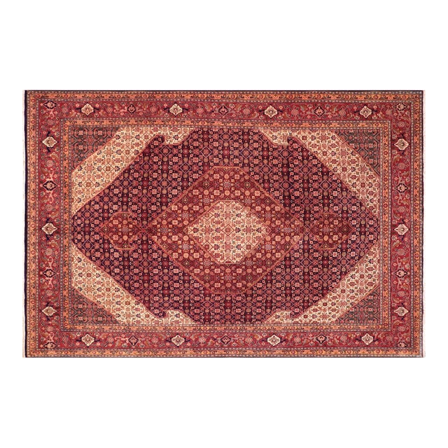 1970s Hand-Knotted Wool Rug 9.11x12.6 Blue & Red Floral Medallion Traditional For Sale