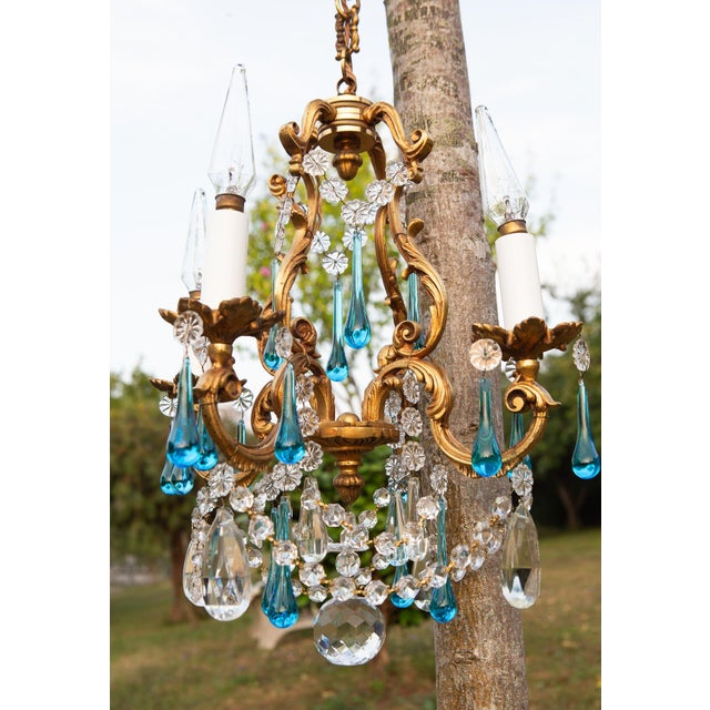 Gold Antique French Chandelier in Bronze Drops Murano Blue, 1950 For Sale - Image 8 of 12