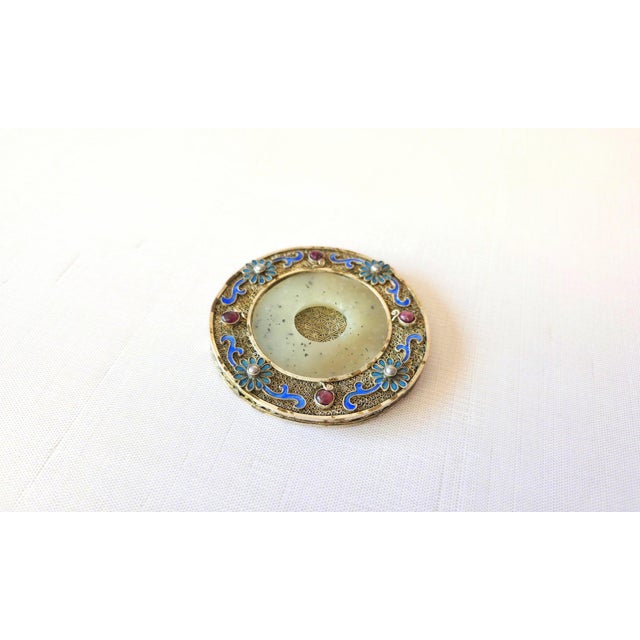 Metal Vintage Chinese Hetian Jade Disc Bi in Silver Enamel Frame With Rubies and Pearl For Sale - Image 7 of 9