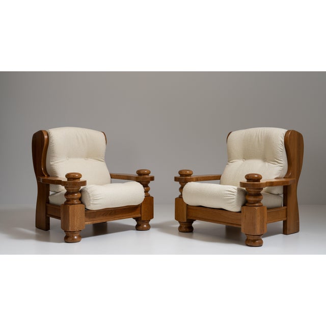 Pair of 1970s French Chestnut Brown Brutalist Oak Upholstered Armchairs For Sale - Image 15 of 15
