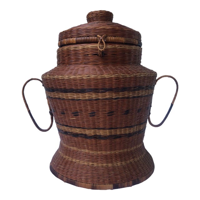 Vintage Boho Chic Wicker Basket With Attached Lid and Handles For Sale