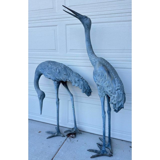 Art Deco 1920s Monumental Pair of Life-Size Bronze Crane Garden Sculptures With Verdigris... For Sale - Image 3 of 18
