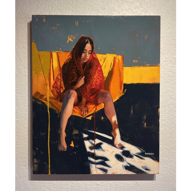 The painting features a solitary figure draped in a vibrant red shawl, seated on a bold yellow chair against a muted...