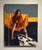 The painting features a solitary figure draped in a vibrant red shawl, seated on a bold yellow chair against a muted...