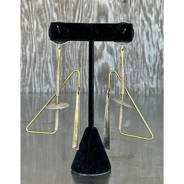 Vintage Abstract Mixed Metal Dangle Earrings For Sale In West Palm - Image 6 of 12