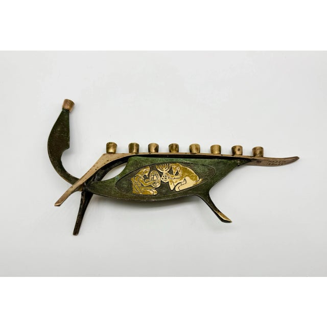 1960s Mid-Century Brass Boat Menorah With Damascene Etching | Vintage Judaica Art Sculpture For Sale - Image 4 of 12