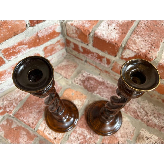 Antique English Oak Open Barley Twist Candlesticks Jacobean Pair C1860 12.5” For Sale - Image 9 of 18