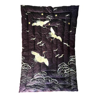Deep Purple Bed Quilt Cover With White Silk Embroidered Japanese Red Crowned Cranes For Sale