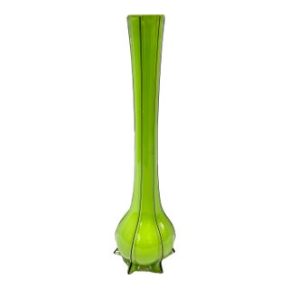 1980s Hand Blown Green Art Glass Vase – Modernist Bud Vase – Sculptural Glass Decor For Sale