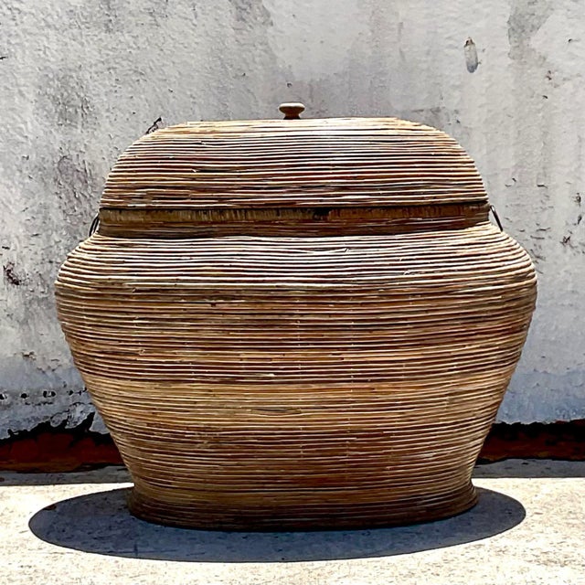 Coastal Vintage Coastal Pencil Reed Lidded Basket For Sale - Image 3 of 10