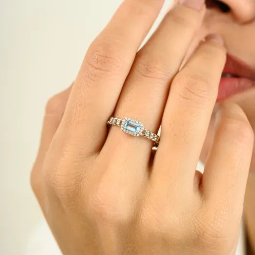 Baguette Cut Aquamarine Halo Diamond 14k Gold Wedding Band Ring Size 5 For Sale - Image 4 of 11