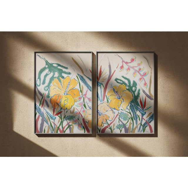Yellow 2026, Illustration Style Diptych of Tropical Hibiscus Garden, Botanical Painting on Paper by Romina Milano For Sale - Image 8 of 10