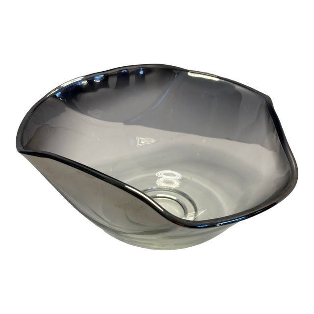 Mid Century Smoky Art Glass Freeform Bowl | Sculptural Handkerchief Edge Centerpiece For Sale