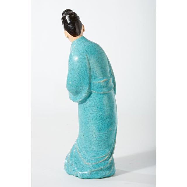 Early 20th Century Chinese Figurine of Lady in Blue With Fan For Sale - Image 10 of 17