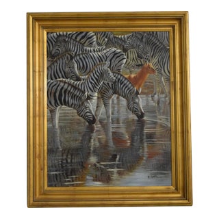 b.frank Signed Zebra & Gazel Framed Oil Painting on Canvas For Sale