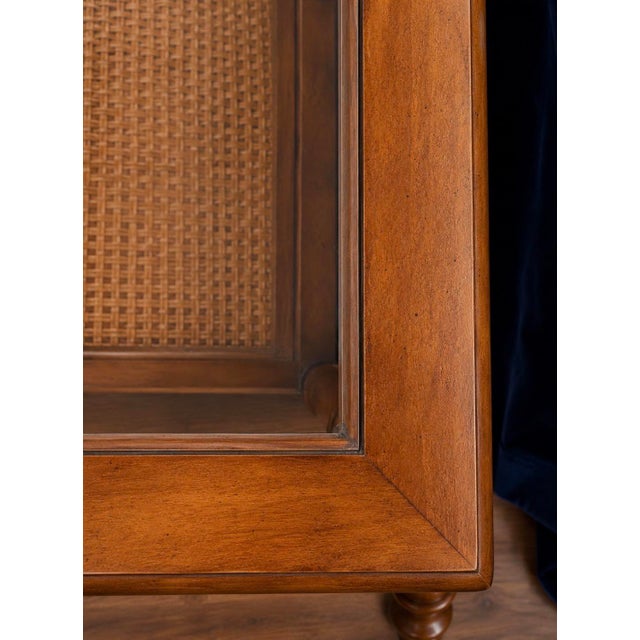 Wood Vintage Traditional Glass Top Coffee Table With Woven Cane Shelf For Sale - Image 7 of 7