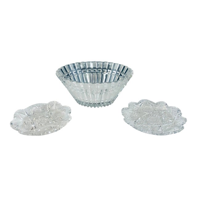 Hand Cut Crystal Bowl & Two Small Plates For Sale