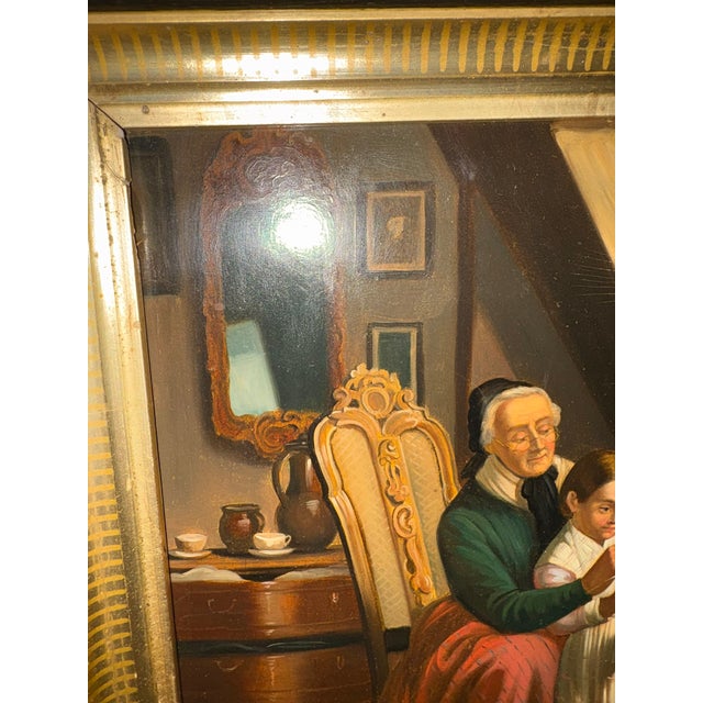 Framed Oil on Board Depicting "Woman Teaching Granddaughter to Saw", Mid-20th Century For Sale - Image 4 of 6
