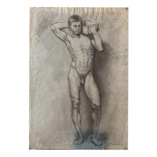 Carl H. Berberich, Male Nude with Box on Shoulder, Pencil on Paper For Sale