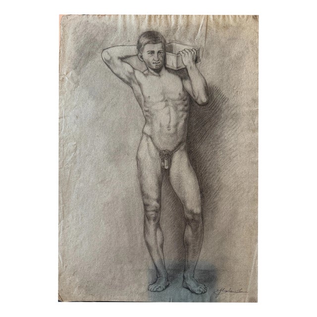 Carl H. Berberich, Male Nude with Box on Shoulder, Pencil on Paper For Sale