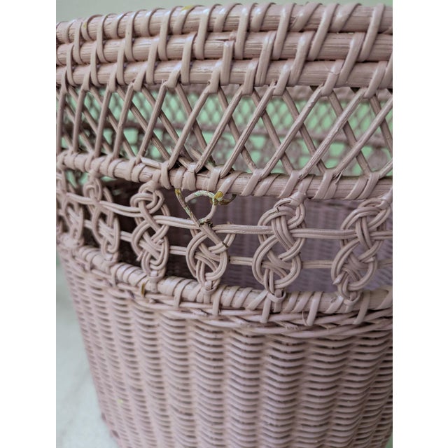 Vintage Dusty Pink Woven Wicker Wastebasket For Sale In Chicago - Image 6 of 6