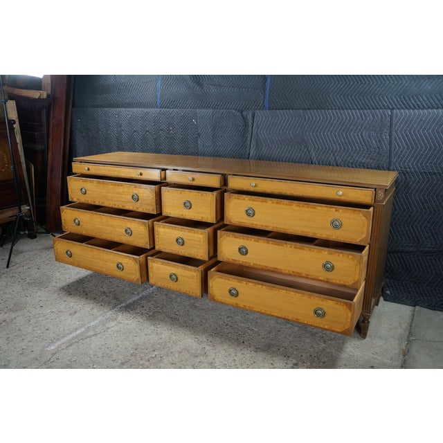 Vintage Kittinger American Federal Style Mahogany & Satinwood Triple Dresser 87" For Sale - Image 11 of 18