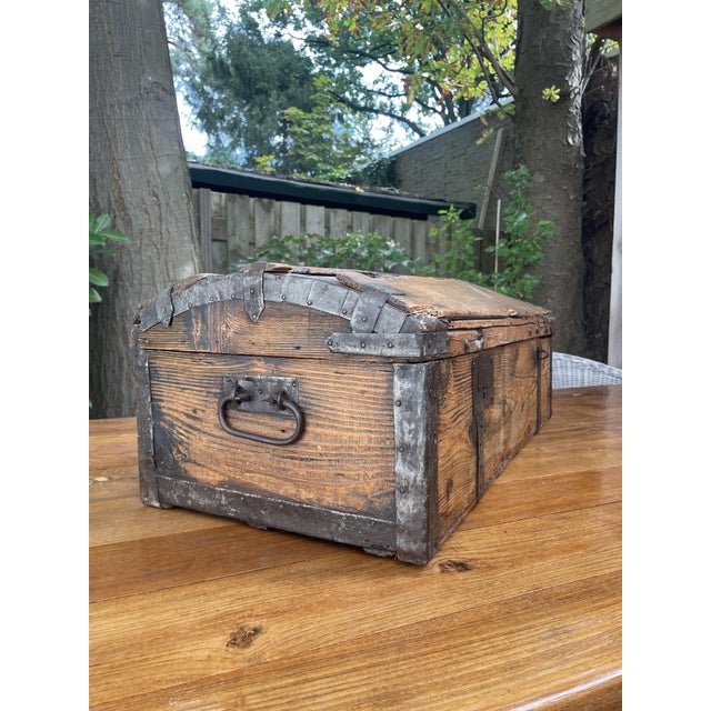 Antique French Wood Iron and Hide Chest For Sale - Image 5 of 15