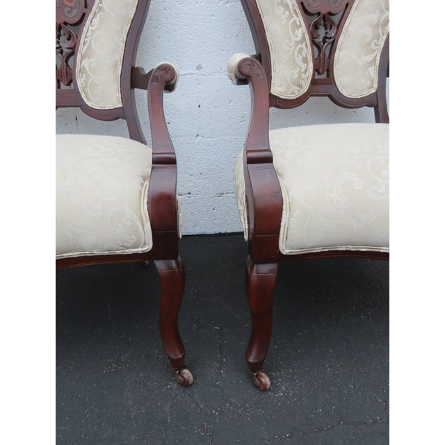 Brown Victorian Late 1880s Carved Inlay Side Chairs a Pair 6643 For Sale - Image 8 of 17