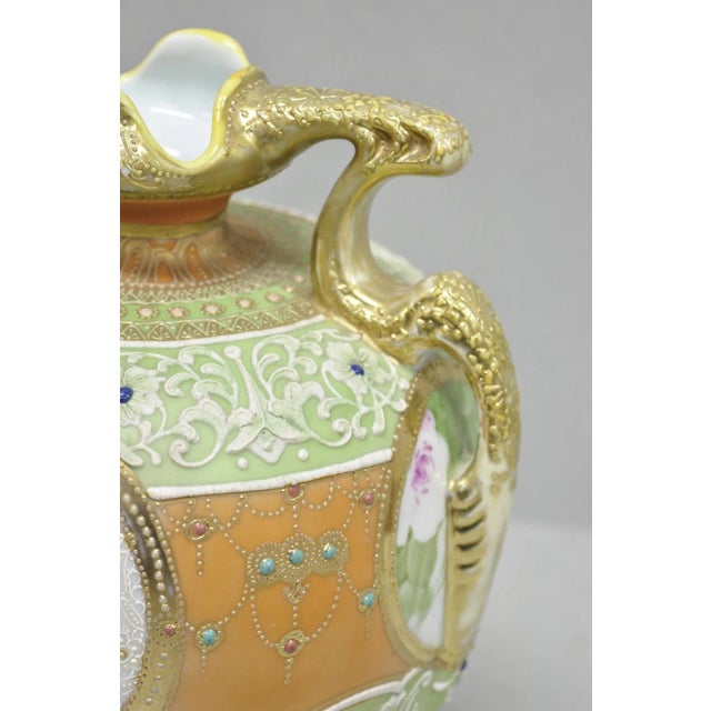 Antique Nippon Hand Painted Porcelain Green Moriage Twin Handle Portrait Vase For Sale - Image 9 of 17