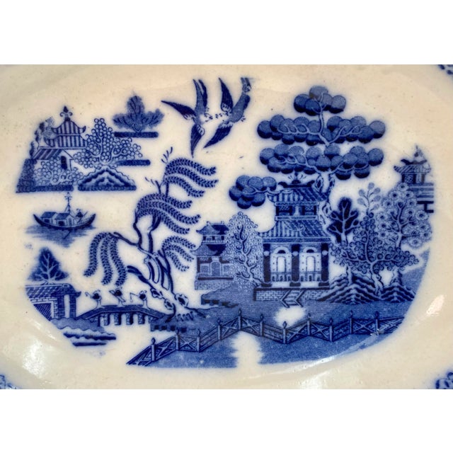 English Antique Blue Willow Oval Serving Bowl Made in England. For Sale - Image 3 of 10