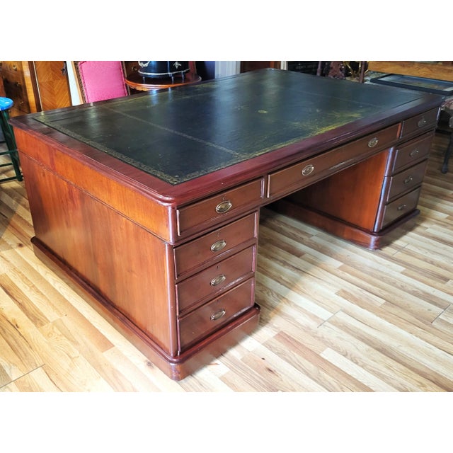 19th C English Executive Mahogany & Gold Tooled Leather Top Partners Desk For Sale - Image 4 of 13
