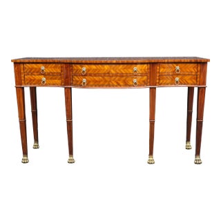 Maitland-Smith Mahogany Inlaid Console Table With Six Drawers and Brass Paw Feet For Sale