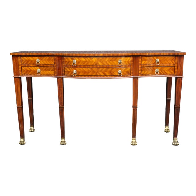 Maitland-Smith Mahogany Inlaid Console Table With Six Drawers and Brass Paw Feet For Sale