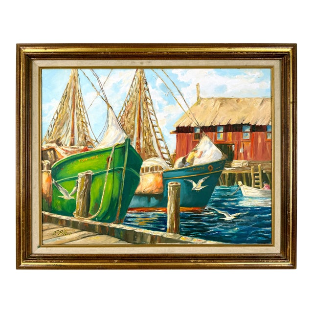 "The Lobster Boats at Gloucester" Impressionistic Maritime Oil Painting by F. Pileri For Sale