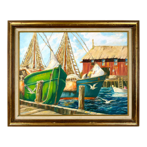 "The Lobster Boats at Gloucester" Impressionistic Maritime Oil Painting by F. Pileri