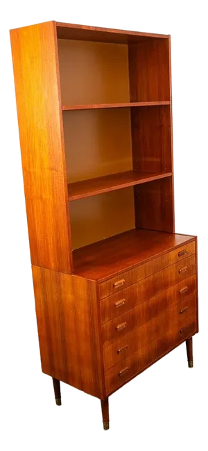 Mid Century Danish Modern Bookshelf Cabinet Teak Shelves 5 Drawers Shelves MCM