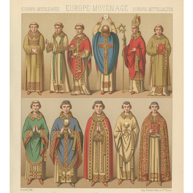Racinet, Gothic Vestments: Medieval European Clergy Costumes, 1888, Chromolithograph For Sale - Image 9 of 9