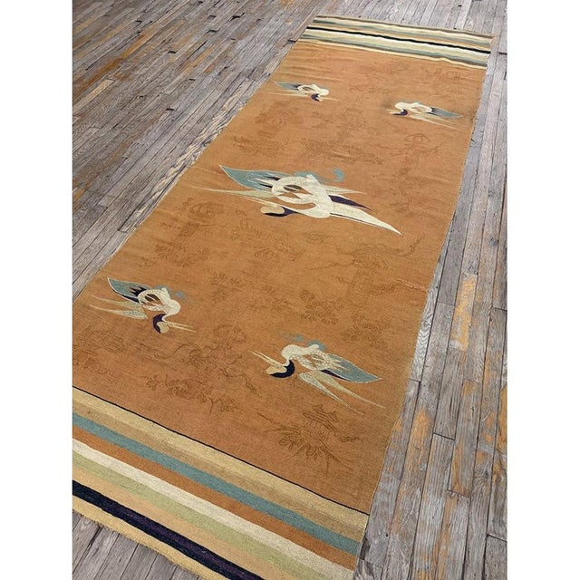Chinese 1900s Orange Traditional Motifs Antique Chinese Flatweave Mongolian Runner Rug For Sale - Image 3 of 7