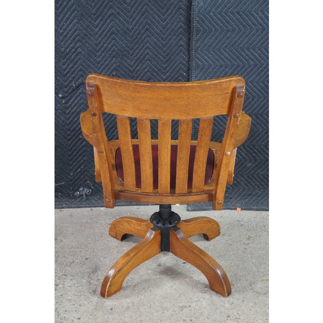 Antique Edwardian Quartersawn Oak Bankers Lawyers Desk Chair Leather Seat Swivel For Sale - Image 10 of 15