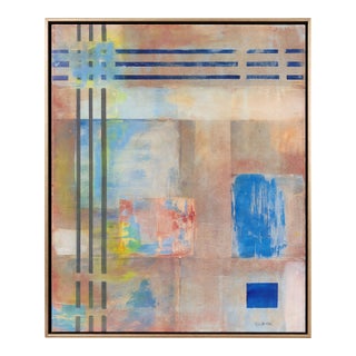 Abstract Blue Sky Painting With Geometric Clouds – Framed Contemporary Acrylic Art, 18 X 14 For Sale