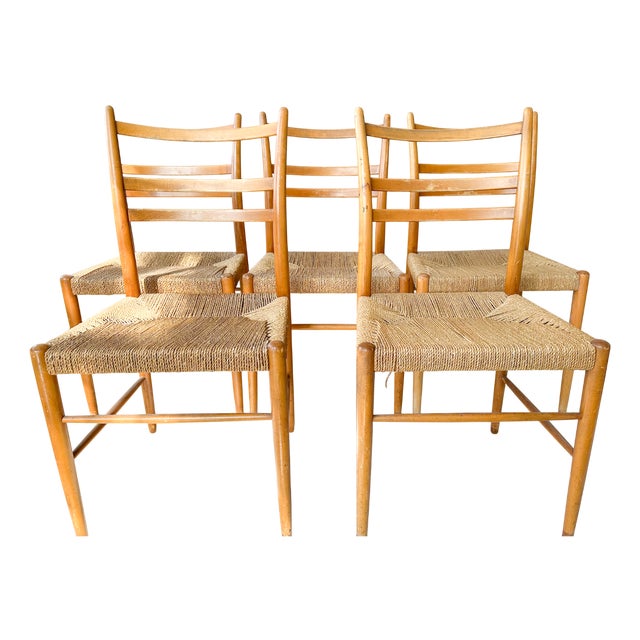 Model Dio Chairs in Bent Elm and Rope Seat by Yngve Ekström for Gemla, 1960s, Set of 5 For Sale