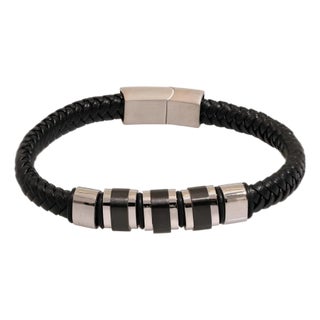 Men's Fashion Style Black Leather & Silver Bracelet For Sale