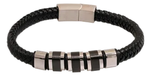 Men's Fashion Style Black Leather & Silver Bracelet